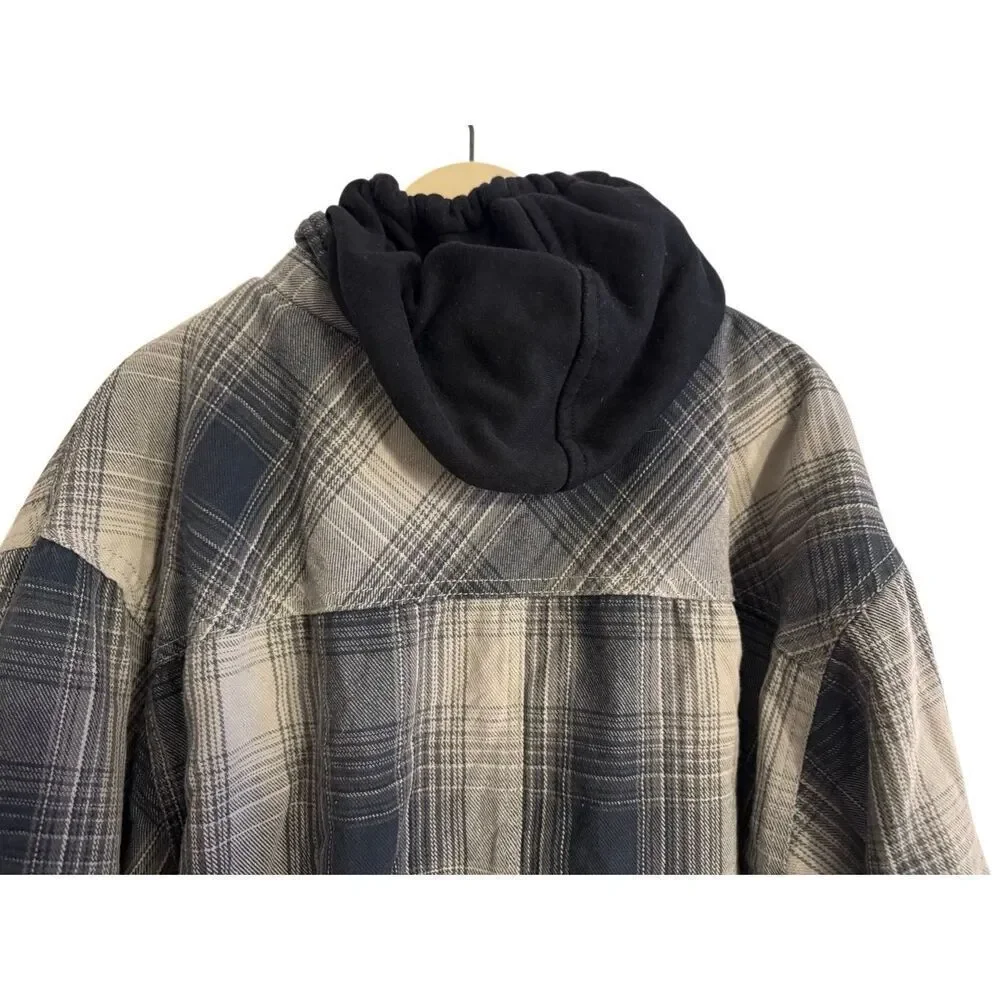 Dickies Relaxed Fit Flannel Hooded Shirt Jacket Black Gray Plaid Pattern 2XL